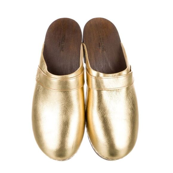 Celine Gold Leather Clogs with Embossed Triomphe Logo - Picture 3 of 4